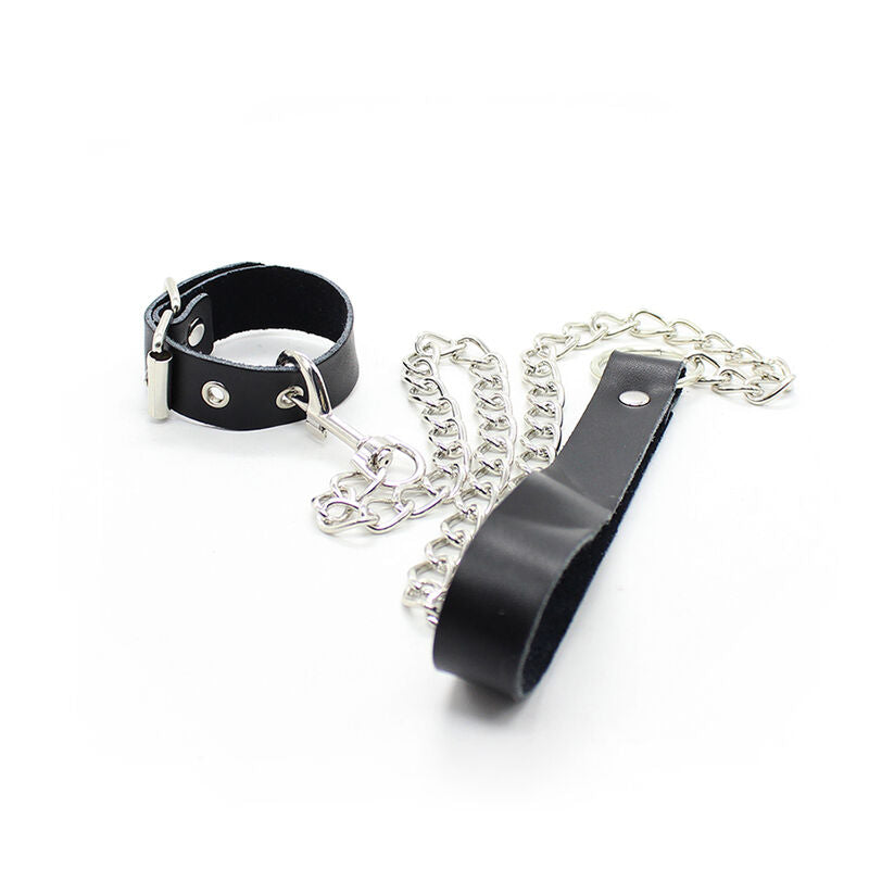 OHMAMA FETISH - CORREA DE CUERO Y COLLAR PARA EL PENE CON CADENA DE METAL