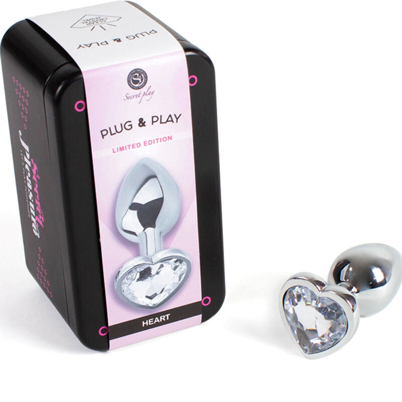 SECRETPLAY - PLUG ANAL DE METAL CON CORAZÓN DE CRISTAL TRANSPARENTE TAMAÑO PEQUEÑO 7 CM