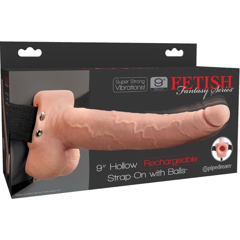 SERIE FETISH FANTASY - ARNÉS AJUSTABLE PENE REALISTA CON BOLAS RECARGABLES Y VIBRADOR 23 CM