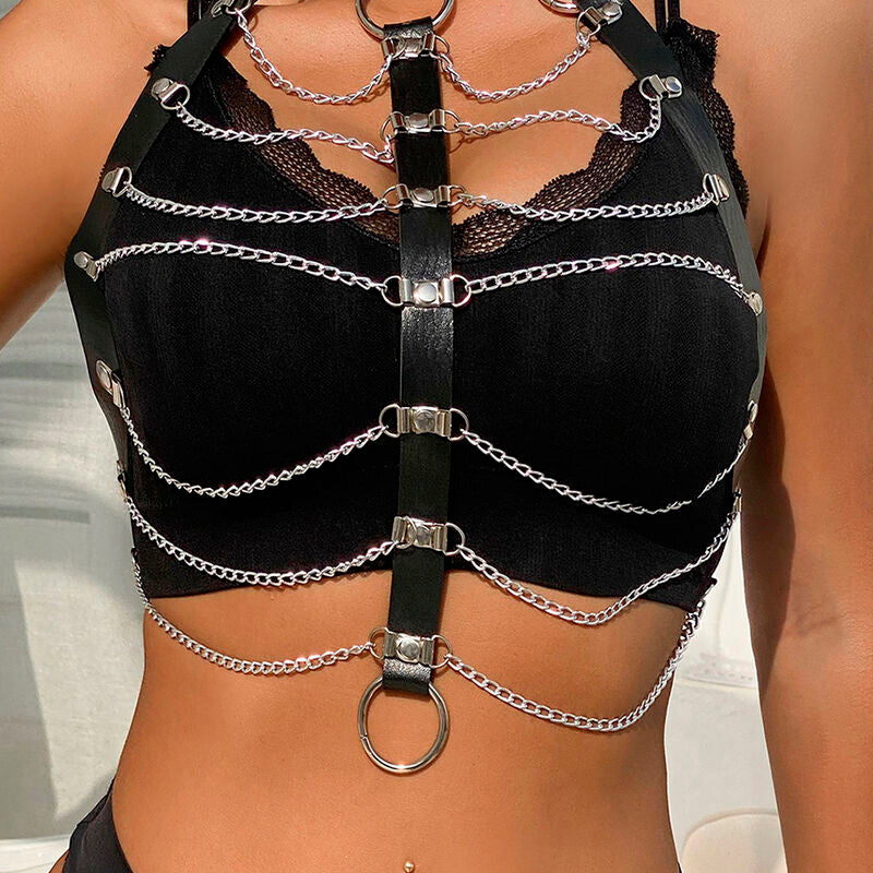 SUBBLIME - ARNÉS DE PECHO RA CON CADENAS DE CUERO NEGRO TALLA ÚNICA