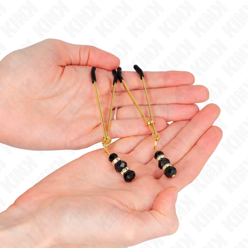 KINK - PINZAS FINAS DORADAS CON 3 PERLAS DE CRISTAL NEGRAS 7 CM