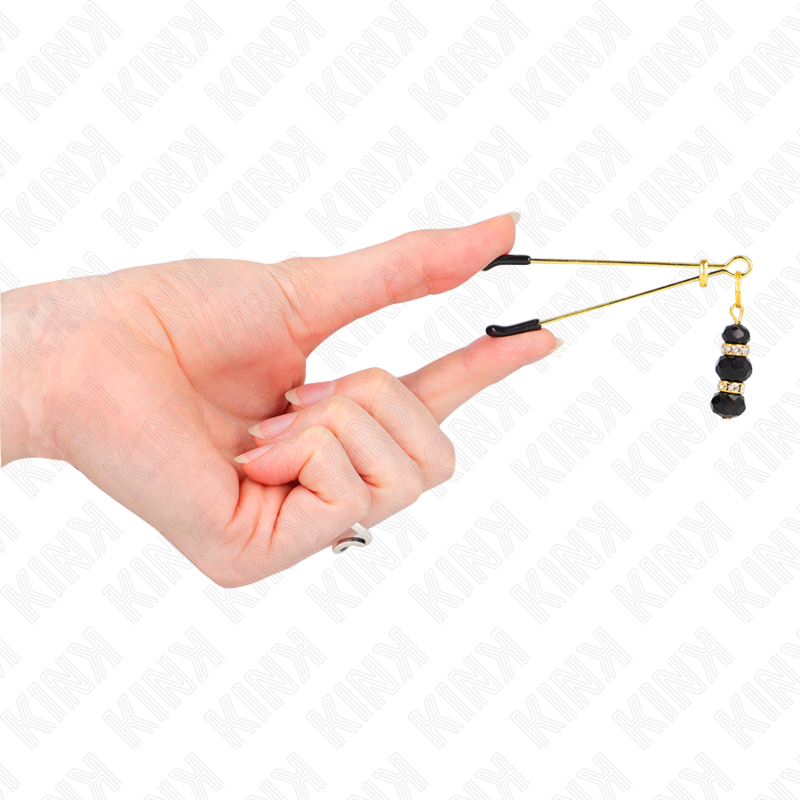 KINK - PINZAS FINAS DORADAS CON 3 PERLAS DE CRISTAL NEGRAS 7 CM