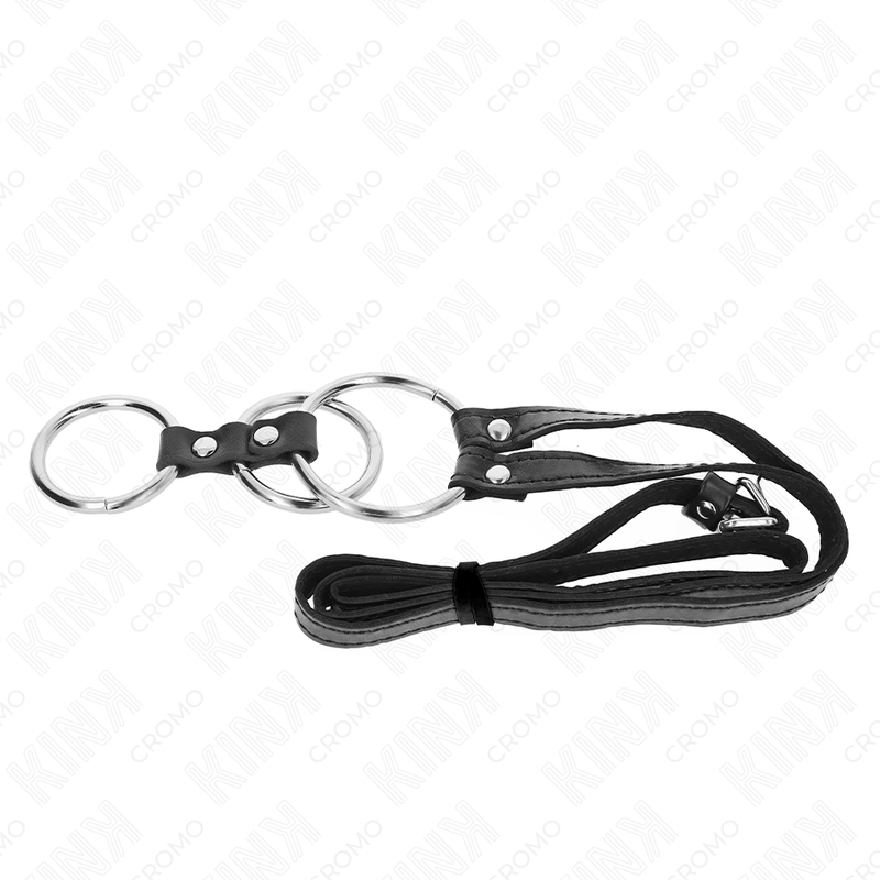 KINK - ANILLO TRIPLE PARA PENE DE METAL DE 3,8 CM A 5 CM CON CINTURÓN DE CUERO 112 CM