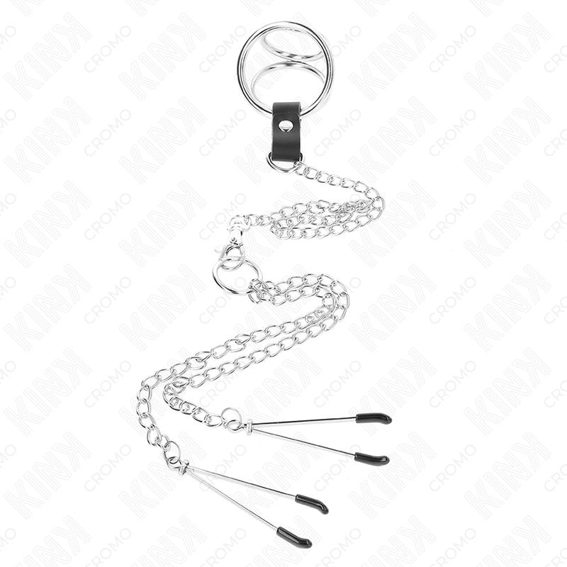 KINK - ANILLO PARA PENE TRIPLE DE METAL CROMADO DE 3,8 CM A 5 CM CON CADENA DE METAL DE 26 CM Y PINZAS PARA PEZONES MODELO 2