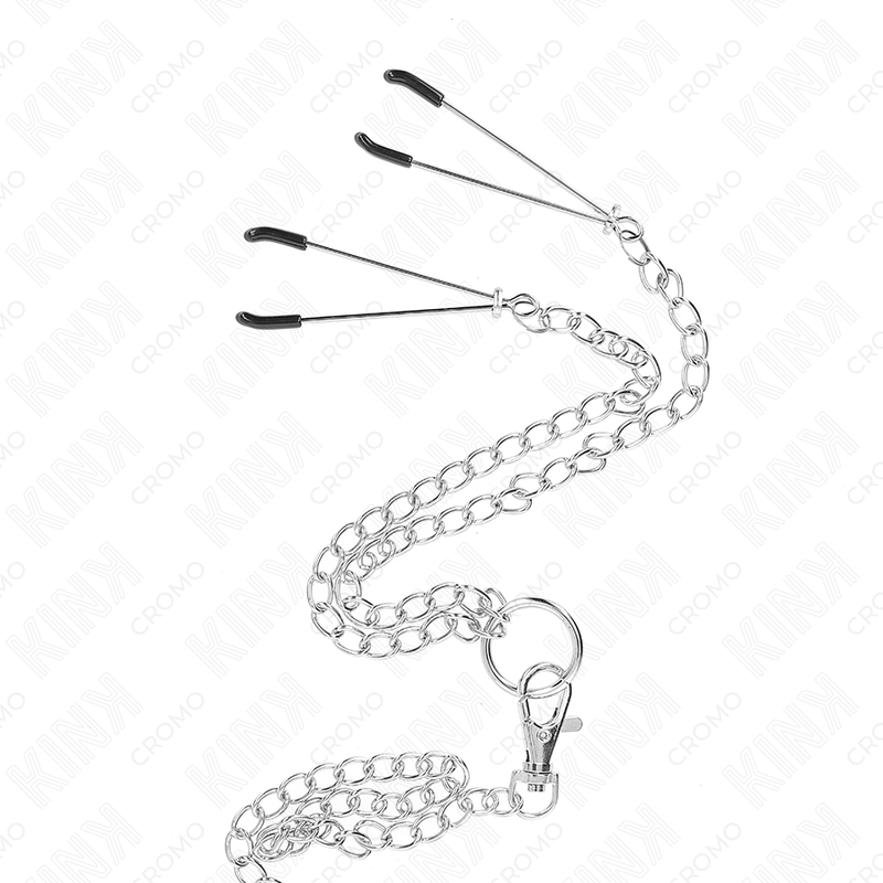 KINK - ANILLO PARA PENE TRIPLE DE METAL CROMADO DE 3,8 CM A 5 CM CON CADENA DE METAL DE 26 CM Y PINZAS PARA PEZONES MODELO 2