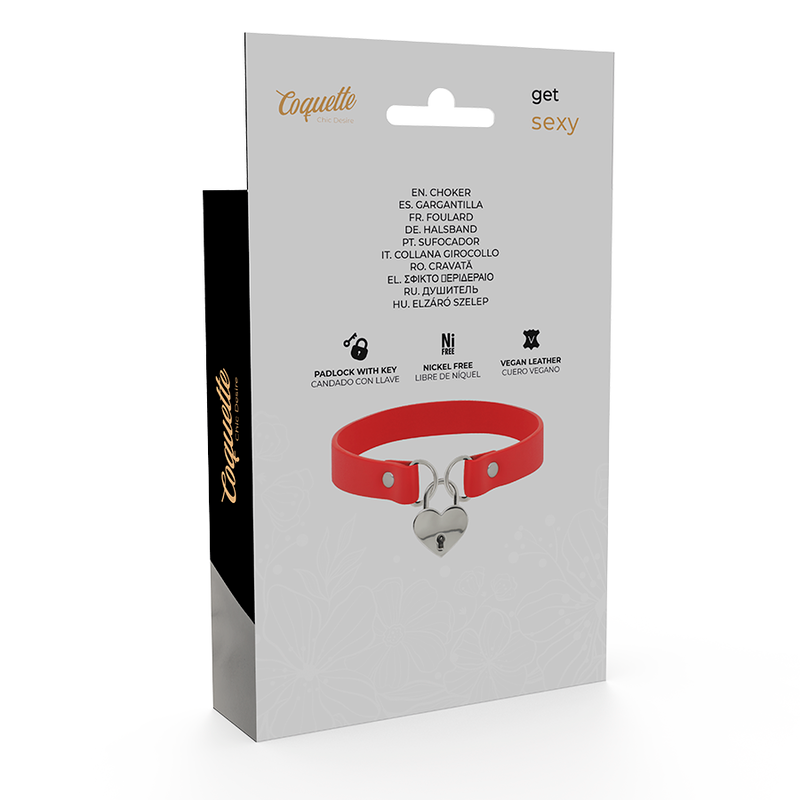 COQUETTE CHIC DESIRE - COLLAR DE CUERO VEGANO ROJO CON ACCESORIO DE LLAVE DE CORAZÓN