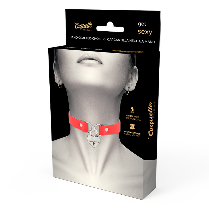 COQUETTE CHIC DESIRE - COLLAR DE CUERO VEGANO ROJO CON ACCESORIO DE LLAVE DE CORAZÓN