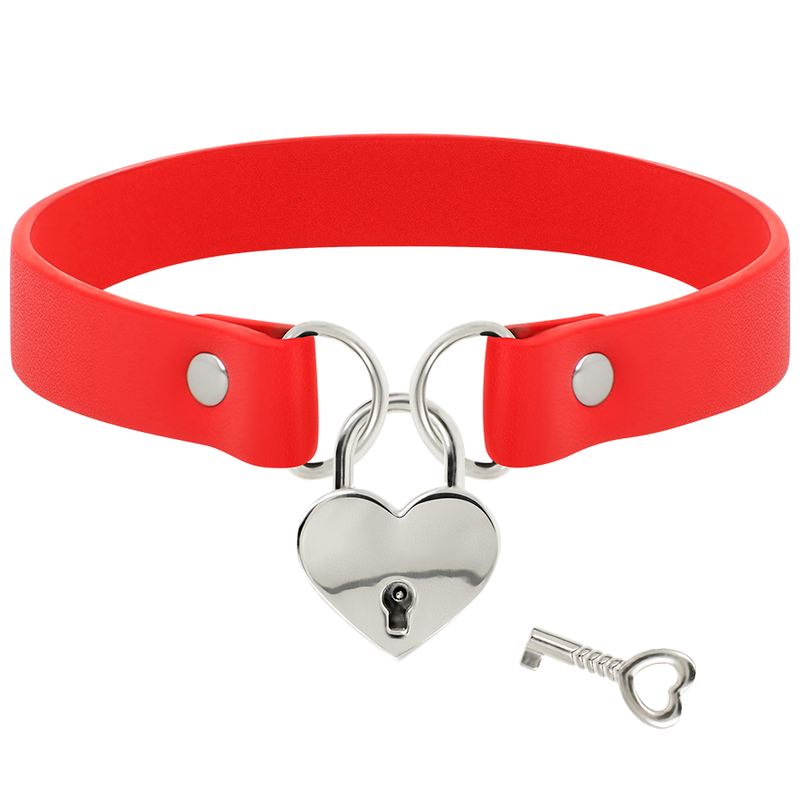 COQUETTE CHIC DESIRE - COLLAR DE CUERO VEGANO ROJO CON ACCESORIO DE LLAVE DE CORAZÓN