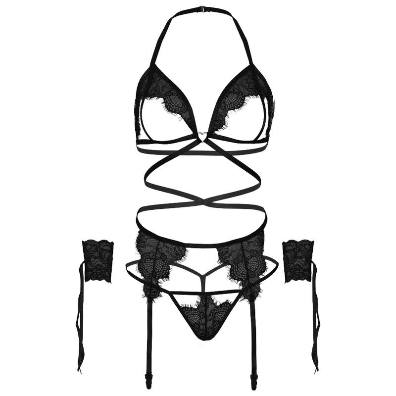 LEG AVENUE - CONJUNTO DE CUATRO PIEZAS: SUJETADOR, TANGA, LIGUERO Y ESPOSAS TALLA ÚNICA - NEGRO
