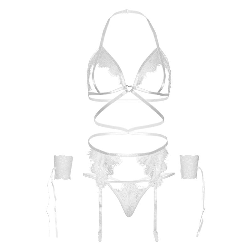 LEG AVENUE - CONJUNTO DE CUATRO PIEZAS: SUJETADOR, TANGA, LIGUERO Y ESPOSAS TALLA ÚNICA - NEGRO