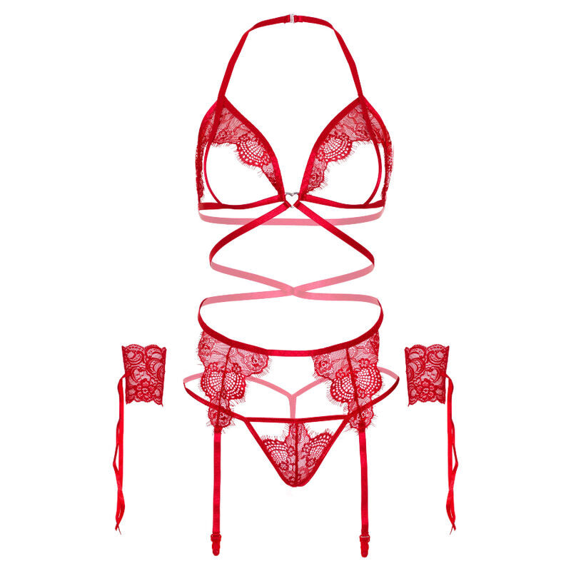 LEG AVENUE - CONJUNTO DE CUATRO PIEZAS: SUJETADOR, TANGA, LIGUERO Y ESPOSAS TALLA ÚNICA - NEGRO