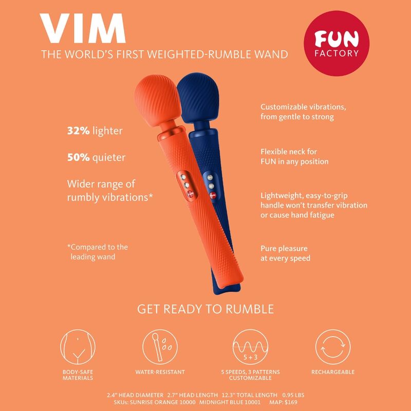 FUN FACTORY - VIM - VARITA VIBRADORA DE SILICONA RECARGABLE CON PESO RUMBLE AZUL MEDIANOCHE