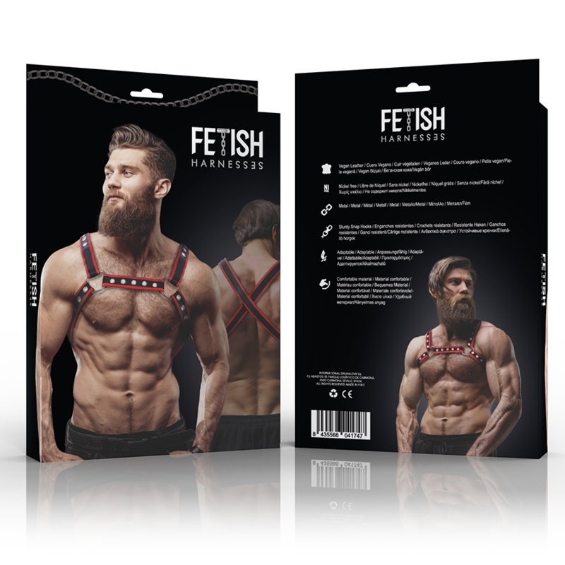 ACTITUD SUMISIVA FETICHE - ARNÉS DE PECHO BULLDOG DE CUERO ECOLÓGICO PARA HOMBRE NEGRO/ROJO