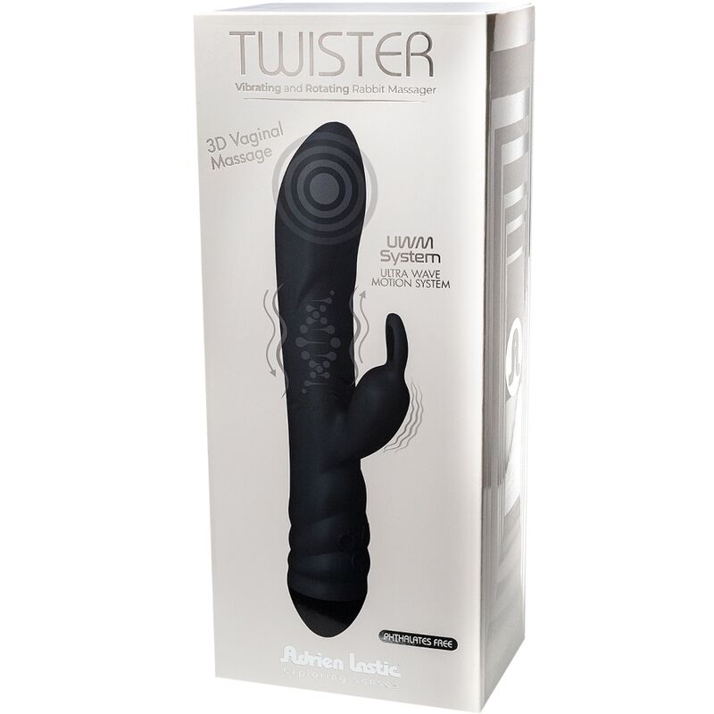 ADRIEN LASTIC - VIBRADOR TWISTER Y MASAJEADOR ROTATORIO CONEJO NEGRO