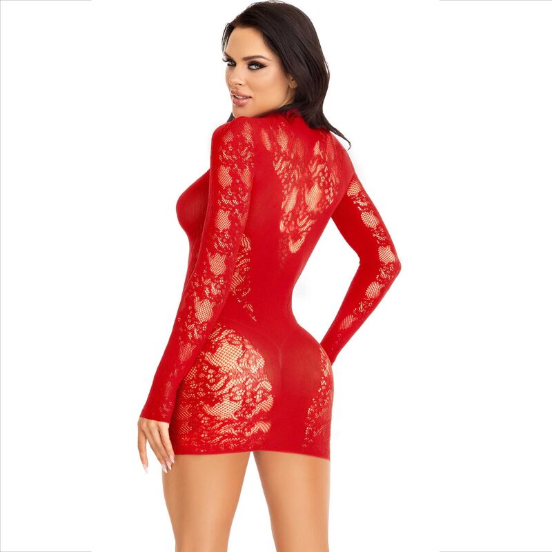 LEG AVENUE - VESTIDO MINI DE ENCAJE CON MANGAS LARGAS EN ROJO