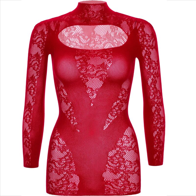 LEG AVENUE - VESTIDO MINI DE ENCAJE CON MANGAS LARGAS EN ROJO