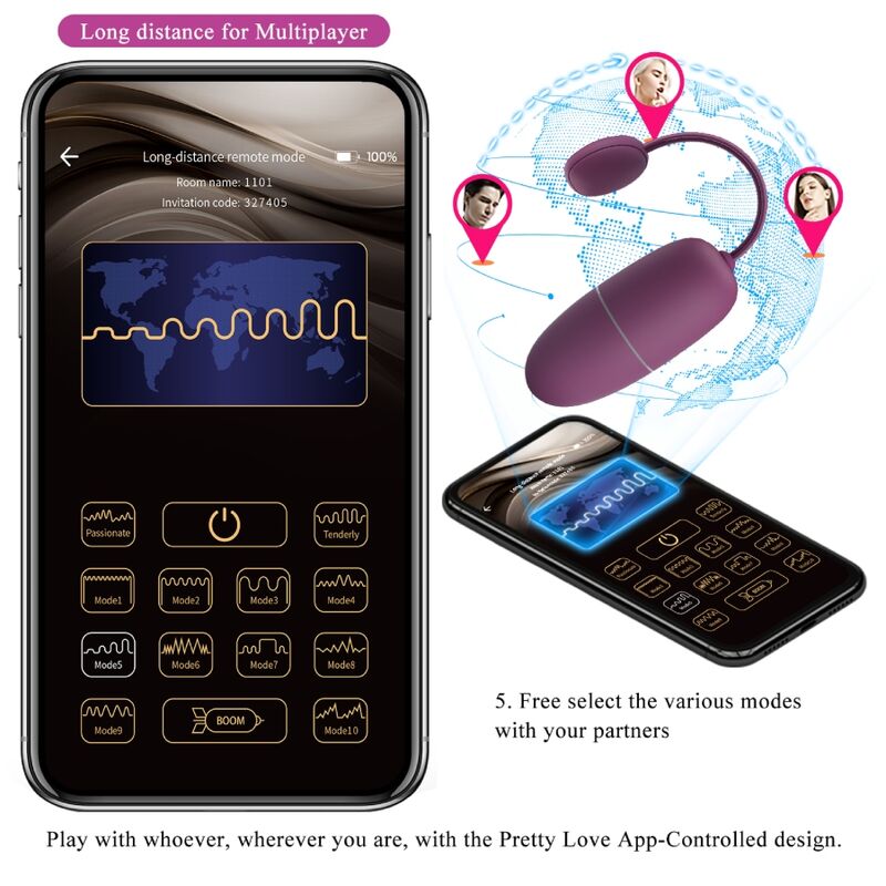 PRETTY LOVE - HUEVO VIBRADOR NINFA CONTROLADO POR APLICACIÓN PÚRPURA
