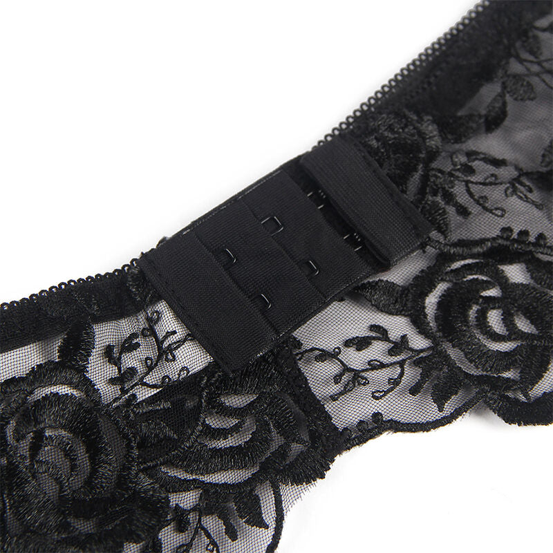 SUBBLIME - CONJUNTO 3 PIEZAS SUJETADOR + TANGA + LIGA ESTAMPADO FLORAL NEGRO L/XL