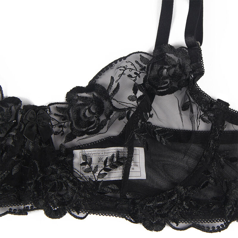 SUBBLIME - CONJUNTO 3 PIEZAS SUJETADOR + TANGA + LIGA ESTAMPADO FLORAL NEGRO L/XL