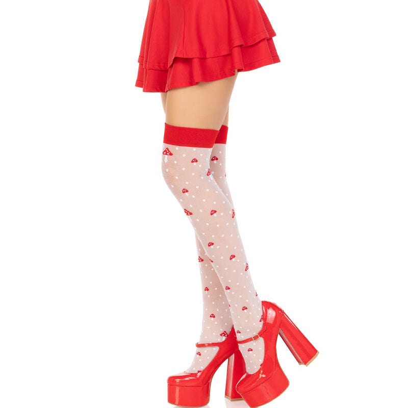 LEG AVENUE - CALCETINES HASTA EL MUSLO CON FORMA DE HONGO ROJO/BLANCO