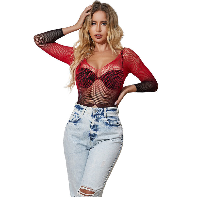 SUBBLIME - 952259 LONG SLEEVE RED AND BLACK GRADIENT NET DRESS ONE SIZE