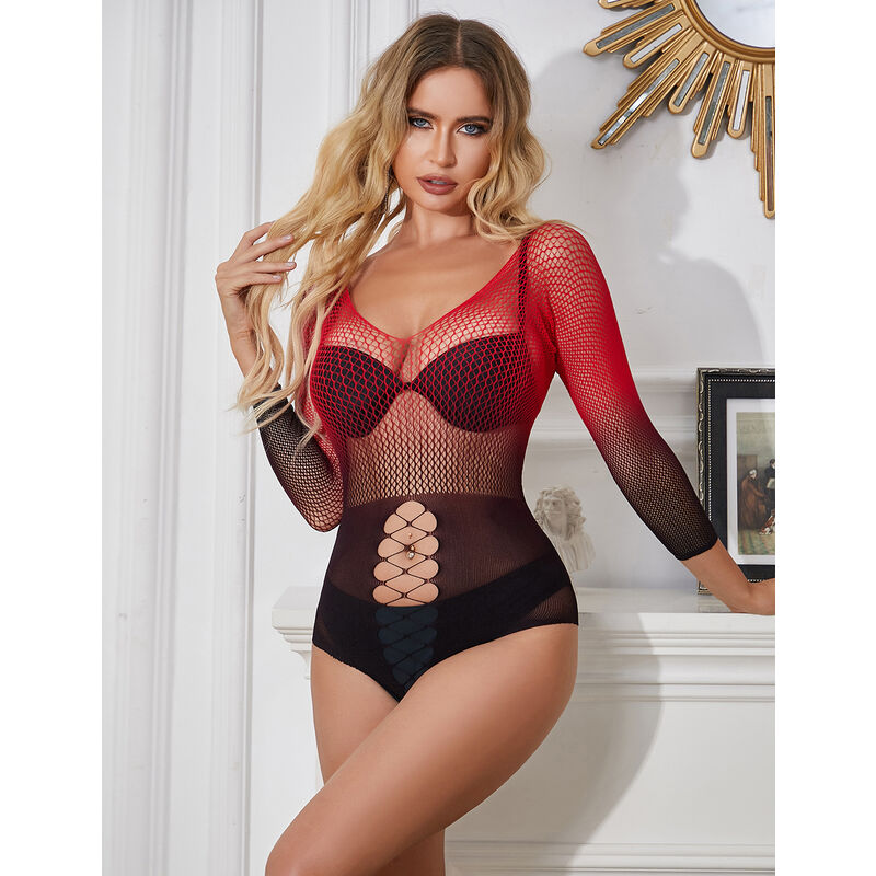 SUBBLIME - 952259 LONG SLEEVE RED AND BLACK GRADIENT NET DRESS ONE SIZE