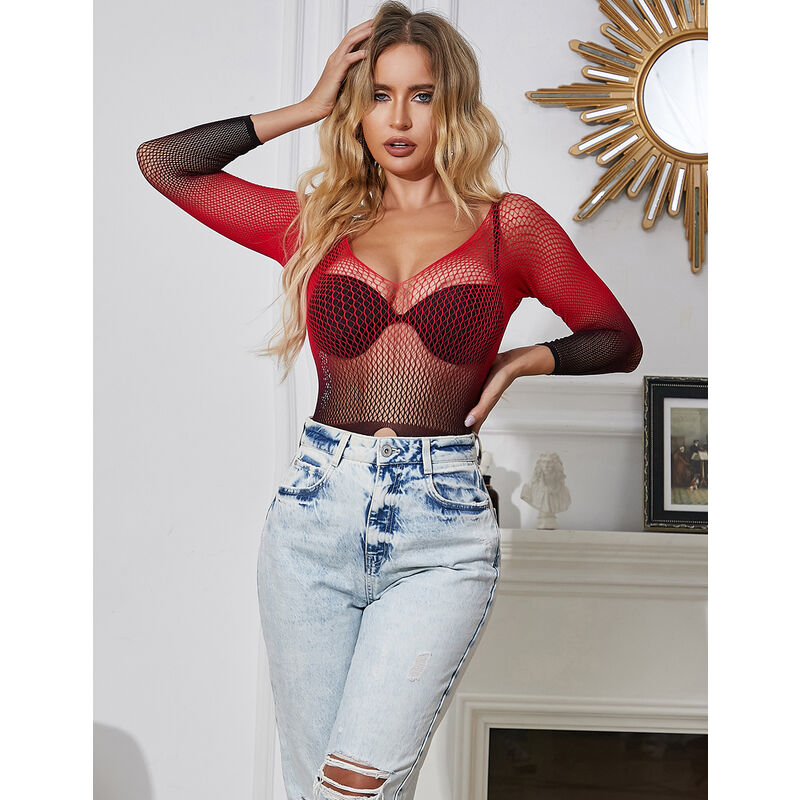 SUBBLIME - 952259 LONG SLEEVE RED AND BLACK GRADIENT NET DRESS ONE SIZE