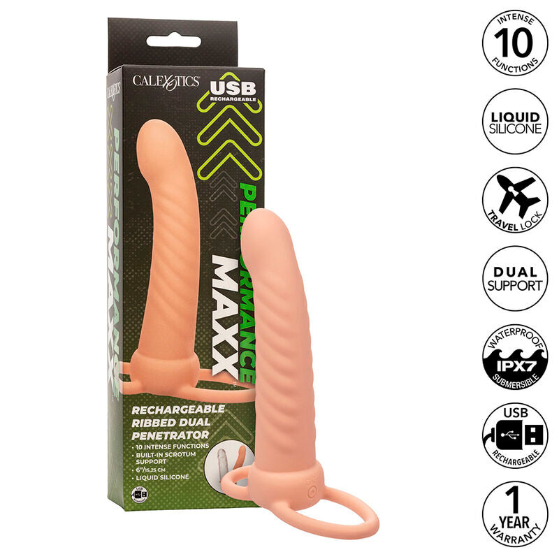 CALEXOTICS - MAXX RIBBED DUAL PENETRATOR 10 VIBRACIONES EN COLOR CARNE