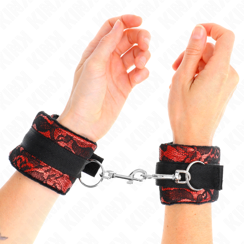 KINK - PUÑOS CORTOS DE ENCAJE DE TERCIOPELO Y ENCAJE DE NAILON ROJO/NEGRO 23 X 6,5 CM