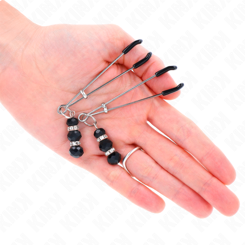 KINK - PINZAS FINAS DORADAS CON 3 PERLAS DE CRISTAL NEGRAS 7 CM