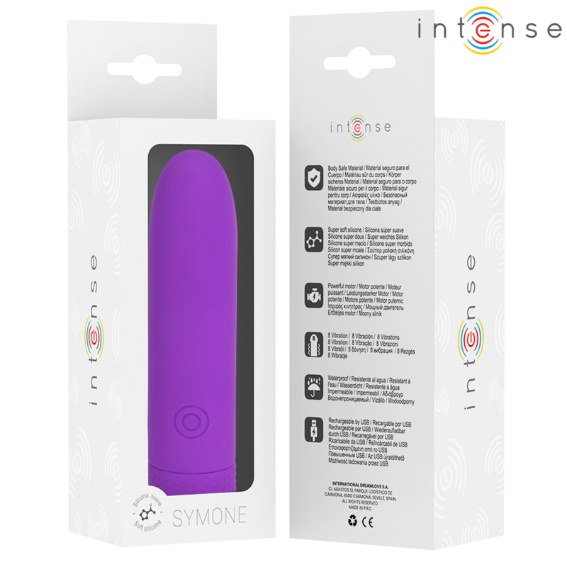 INTENSE - BALA VIBRADORA RECARGABLE USB SYMONE 8 VIBRACIONES MORADA 10 X 2,2 CM
