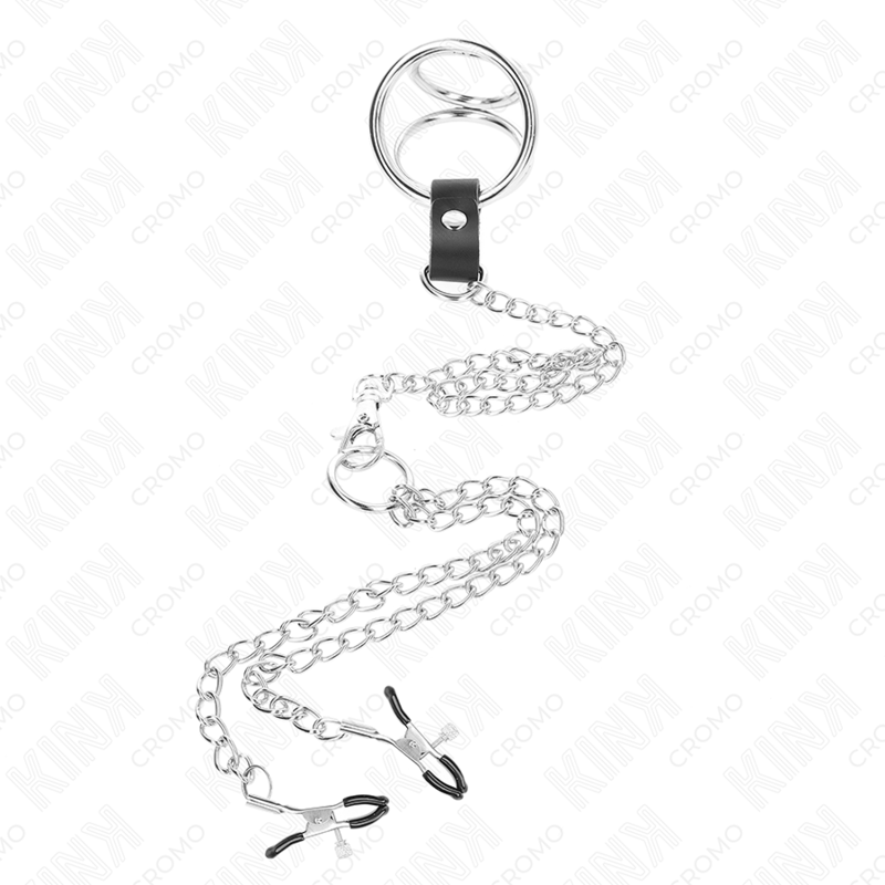 KINK - 3CM TO 4.5CM TRIPLE CHROME METAL COCK RING WITH 26CM METAL CHAIN ​​AND NIPPLE CLIPS