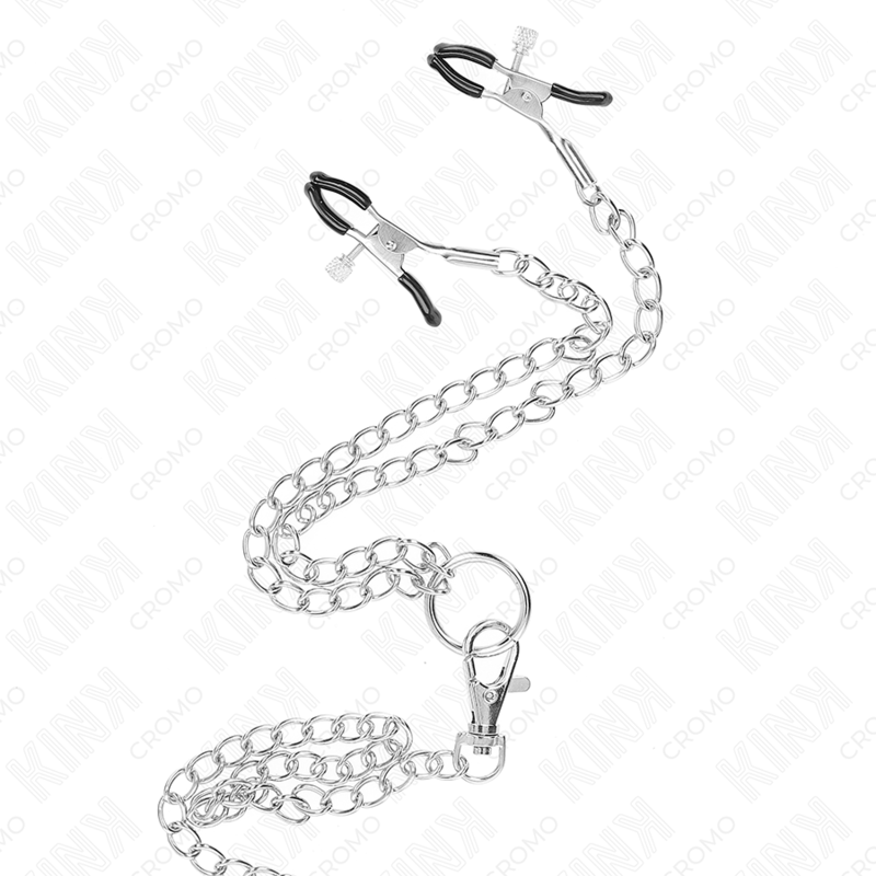 KINK - 3CM TO 4.5CM TRIPLE CHROME METAL COCK RING WITH 26CM METAL CHAIN ​​AND NIPPLE CLIPS