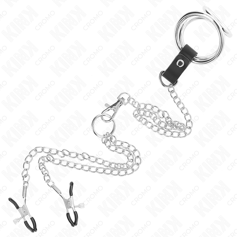 KINK - 3CM TO 4.5CM TRIPLE CHROME METAL COCK RING WITH 26CM METAL CHAIN ​​AND NIPPLE CLIPS