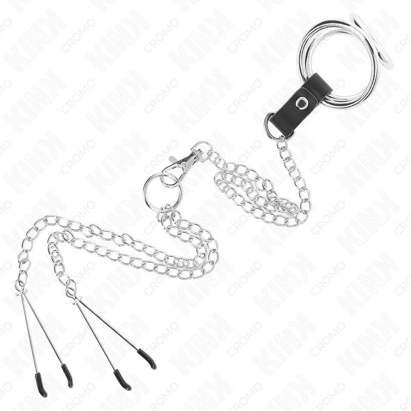 KINK - ANILLO PARA PENE TRIPLE DE METAL CROMADO DE 3,8 CM A 5 CM CON CADENA DE METAL DE 26 CM Y PINZAS PARA PEZONES MODELO 2